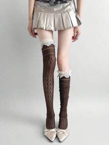 1 Pair Black Thigh High Socks For Women, Thin Summer Lolita Style Lace Patchwork Hollow Out Sexy Stockings, Suitable For Spring And Autumn - Multicolor - View 5