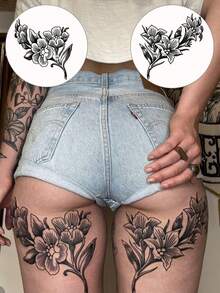 Adesivi per tatuaggi temporanei con grandi rami floreali - Arte corporea sexy per donne - Tatuaggio impermeabile - Dura 3-7 giorni, design floreale realistico, adatto per petto e cosce delle donne, feste, performance, fotografia, accessori per feste, adesivi di alta qualità, essenziale per eventi festivi - nero - Visualizzare 7
