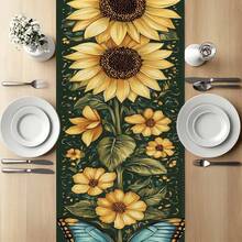 1pc/25pcs Sunflower And Butterfly Pattern Table Runner, Fresh Natural Decor, Suitable For Holiday Packaging, Daily Use, Party, Lunch, Dinner, Home Decor, Party Events, Restaurant, Living Room, Outdoor Wedding, Camping, Picnic, Indoor/Outdoor Use - Multicolor - View 1