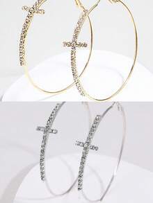 1 Pair Cross & Diamond Embedded Simple Earrings, Personalized Round Hoop Earrings For Women - Cross Earrings - View 2