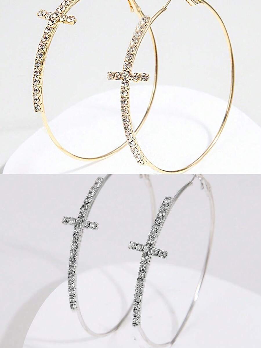 1 Pair Cross & Diamond Embedded Simple Earrings, Personalized Round Hoop Earrings For Women