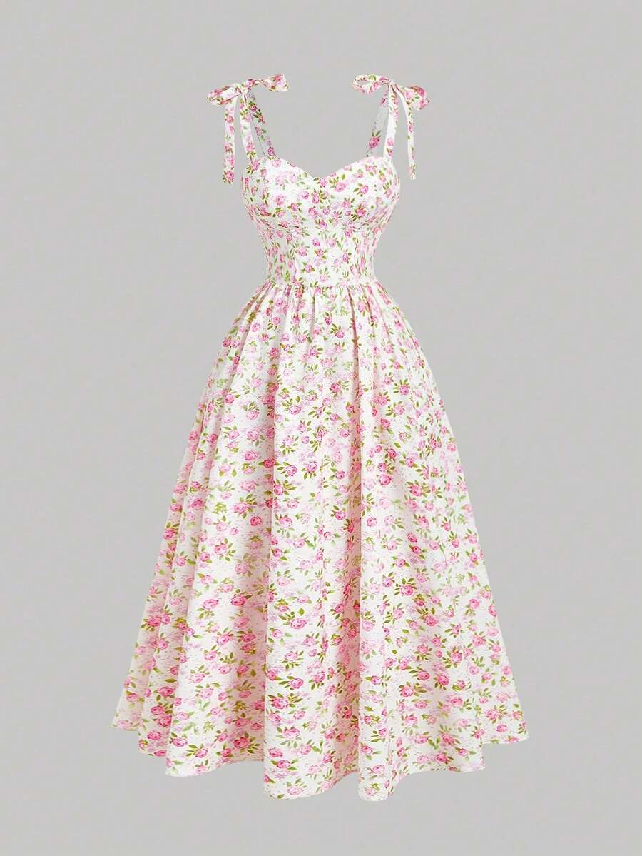 asdSHEIN MOD Vestido midi elegante con estampado floral y hombros con lazo, adecuado para vacacionesasd PZTP - Rosa Fucsia - Ver 1