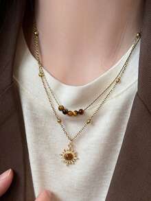 QTHOPE Maillard Retro Tiger Eye Stone Sun Necklace Suitable For Girls Daily Wear Holiday Gift - Gold - View 1