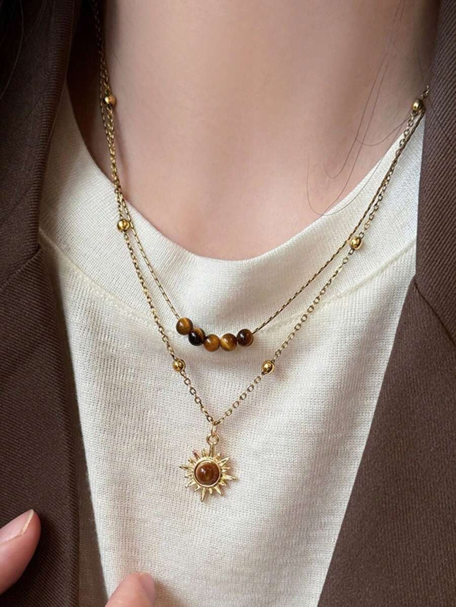 QTHOPE Maillard Retro Tiger Eye Stone Sun Necklace Suitable For Girls Daily Wear Holiday Gift - Gold - View 1
