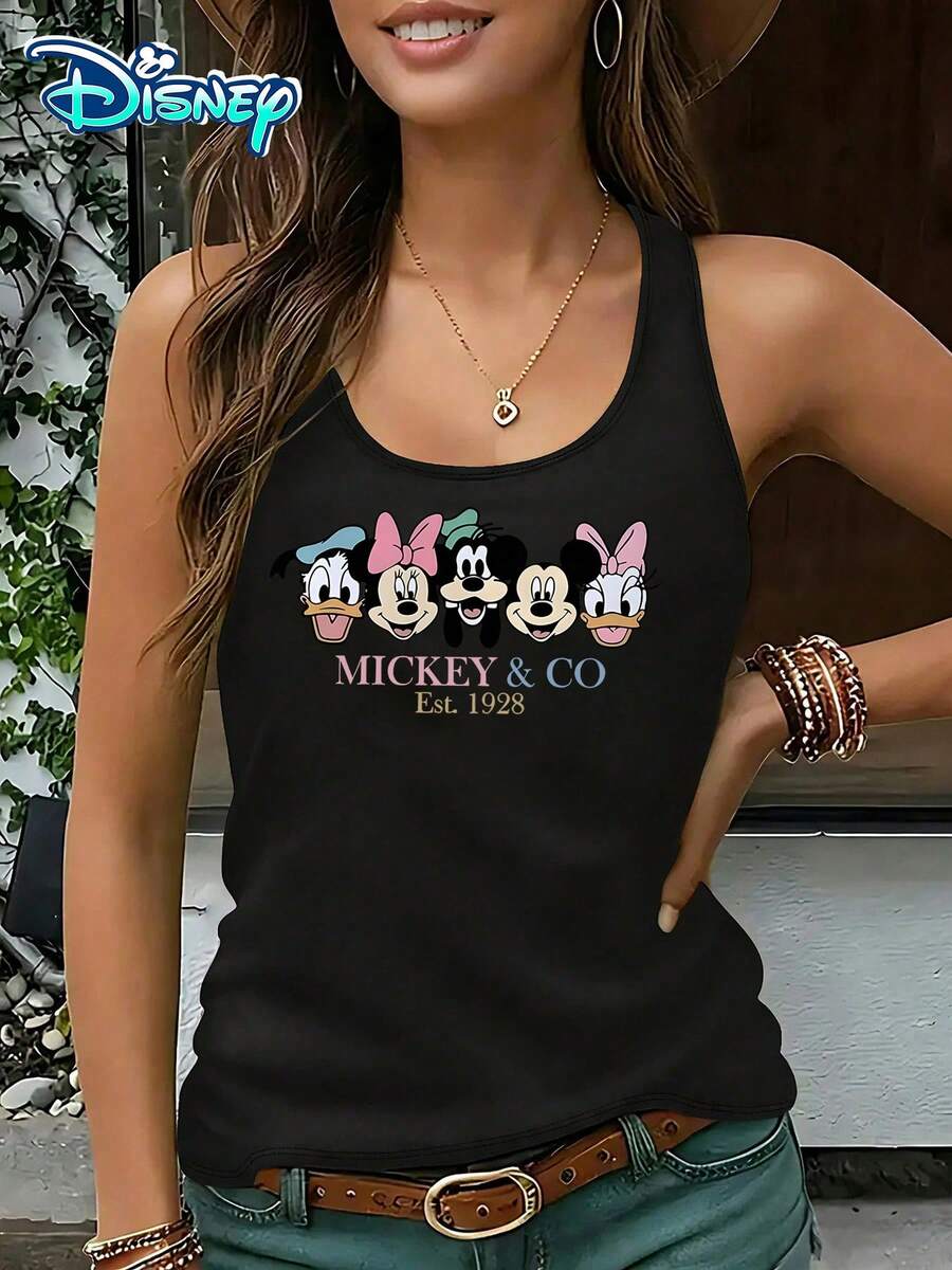 Disney Official Authorization | Women's Casual Round Neck Sleeveless Vest. Featuring Mickey, Minnie, Donald Duck, Daisy, And Goofy, Paired With Retro  Lines, It Is Simple Yet Classic. It Is A Basic Item For Daily Dressing And An Ideal Choice For Matching Clothes With Friends. - màu đen - Xem 1