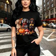 Camiseta de mujer con estampado de tres perritos Dachshund ataviados para otoño con calabazas y setas - camiseta casual de manga corta, ajuste cómodo y estilo urbano ideal para días frescos en la ciudad - regalo perfecto para mamá, esposa, novia, her - Negro - Ver 1