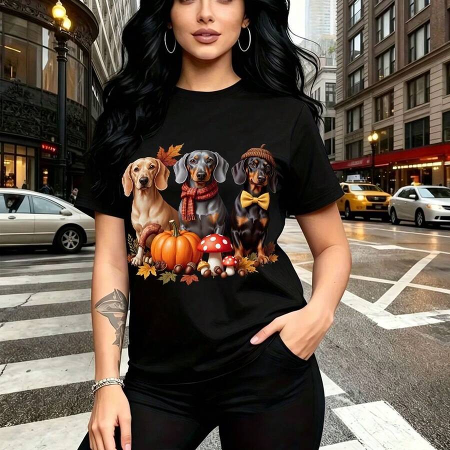 Camiseta de mujer con estampado de tres perritos Dachshund ataviados para otoño con calabazas y setas - camiseta casual de manga corta, ajuste cómodo y estilo urbano ideal para días frescos en la ciudad - regalo perfecto para mamá, esposa, novia, her - Negro - Ver 1