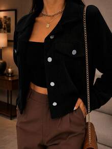 Women's Corduroy Cropped Jacket With Front Buttons - Negro - Ver 4