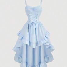 WNS  MOD Vestido vintage con cuello de corazón, cruzado en la cintura, con volantes en el borde y bajo asimétrico, unicolor, para graduación en blanco - Azul y blanco - Ver 2