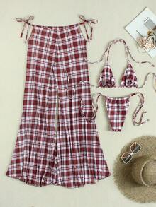 Set Bikini Halter Kotak-kotak Merah & Putih 3 Potong, Penutup Berbentuk Jaring Mengembang, Pakaian Renang Gaya Liburan Seksi - MultiWarna - View 3
