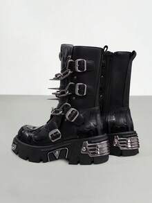 AYUSTONG Women's Y2K Style Punk Rock Platform Sneakers, Solid Color Buckle Mid-Calf Boots, Non-Slip Rubber Sole, Comfortable Low-Top Round Toe Design With Thick Sole Motorcycle Boots - Black - View 10