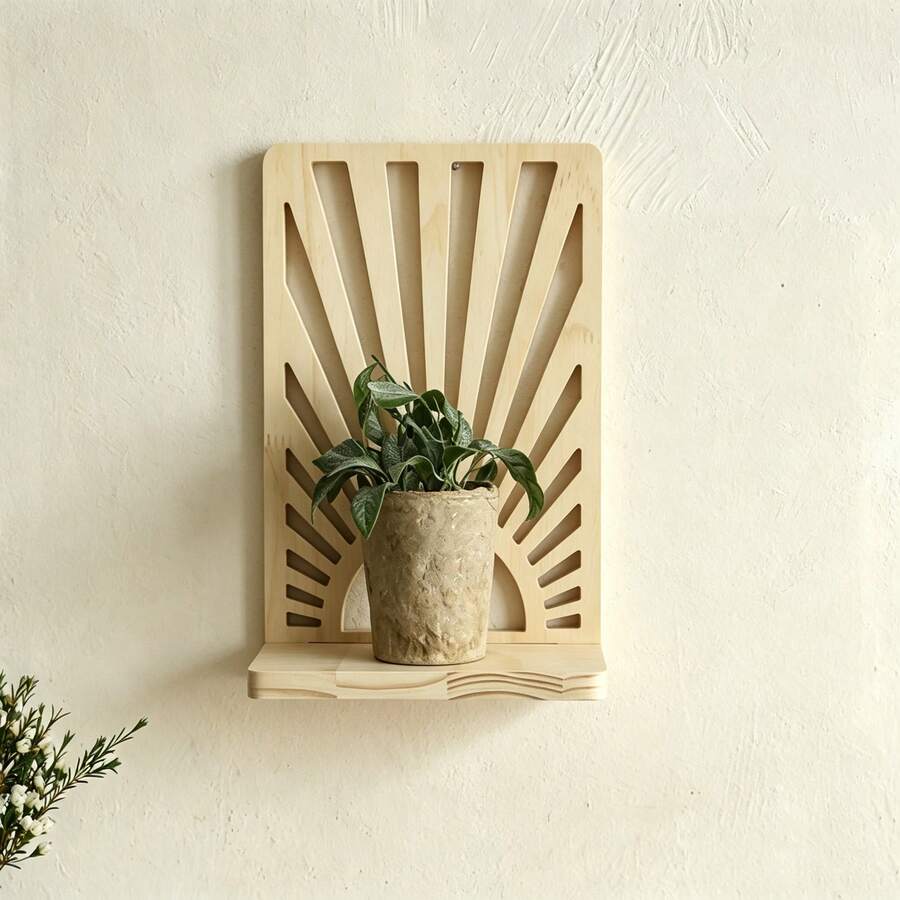 YXVVMQ 1 Stück Boho Sonnenstrahl Natürliches Kiefernholz Wandregal, Sonnenstrahl Ausschnitt Schwebendes Wandmontiertes Displayregal, Kreatives Rustikales Aufbewahrungsregal für Sukkulenten, Kerzen, Figuren und Heimdekoration, Ideal für Schlafzimmer, Wohnzimmer, Badezimmer und Kinderzimmer - 1PC - Übersicht 1