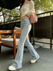 Women's Versatile Solid Color Flare Pants, Suitable For Daily Wear And Commuting Casual Fall - Light Wash - View 4