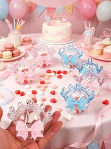 12/1 sets - Mini boîtes à bonbons couronne transparente avec nœud, mini boîtes à faveurs en forme de couronne transparente avec nœud papillon, boîtes à bonbons de biberon, boîtes de rangement décoratives pour bonbons, contenants de faveurs de fête pour bonbons, chocolats, gâteaux, desserts, princesse, mariage, anniversaire, baby shower, révélation de (rose, bleu, transparent) - Multicolore - Voir 7