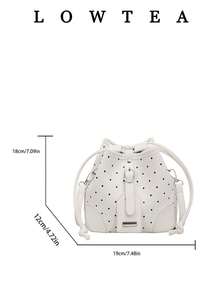 low tea 1pc Solid Color PU Drawstring Closure Fashionable Crossbody Bag, Polka Dot Print, Suitable For Women's Daily Use - White - View 3