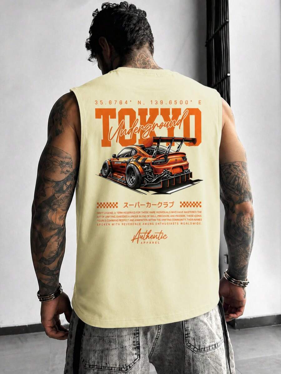 YUNCHIC - Men's Casual Sleeveless Vest, Lightweight Summer Sportswear, Creative Car Pattern, Round Neck Elastic Undershirt, Breathable Moisture-Wicking Quick-Dry, Fashionable For Fitness Training, Layering - Khaki - View 1