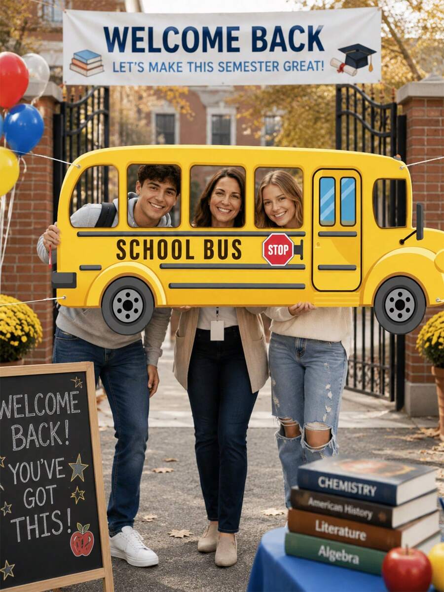 School Bus Themed Back To School Photo Frame, Durable Polyester Photo Background Fabric, With Photo Cutouts And "Welcome Back To School" Lettering, Foldable Campus Outdoor Activity Photo Frame, Student Welcome Party, First Day Of School, Back To School Party, Classroom Photography, Back To School Celebration, Campus Event Decoration. - School Bus - View 1