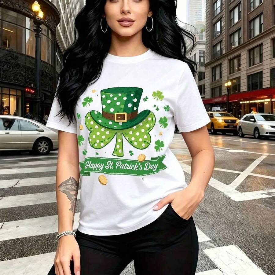 Camiseta de mujer con estampado festivo de San Patricio con sombrero verde, tréboles y monedas doradas - camiseta casual de manga corta, ajuste cómodo y moderno, estilo urbano para celebrar en la ciudad - regalo perfecto para mamá, esposa, novia, her - Blanco - Ver 1