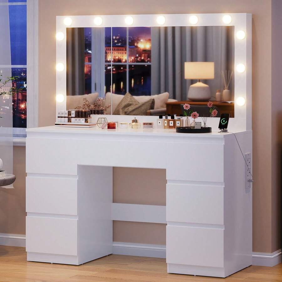 Devoko Dressing Table In Matte White With LED Cosmetic Mirror, Vanity Table Without Stool With 12 LED Lamps, Power Outlets, USB & Type-C, Jewelry Storage And 7 Drawers - View 1