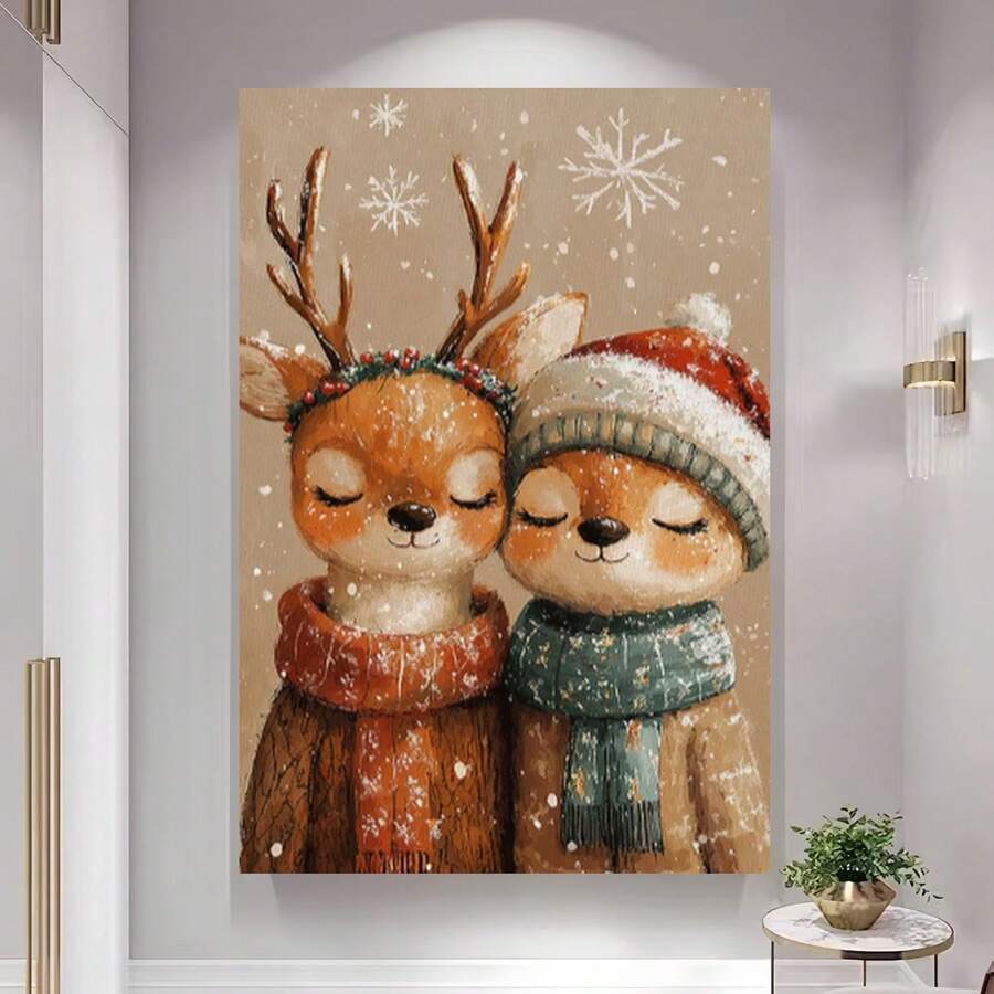 Enmarcado 1 póster de ciervo de invierno - minimalista moderno de ciervo en el bosque, acogedora escena invernal con ciervo, adecuado para la decoración del dormitorio y la sala de estar, impresión de pintura contemporánea en lienzo, decoración para el hogar y el dormitorio, regalo 2D plano, 2D plano, perfecto para la habitación - Enmarcado - Ver 1