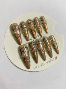 10Pcs Handmade Stiletto Press On Nails, Aurora Gradient Mirror Fake Nails, Punk 3D Metallic Line Glossy Reusable False Nail Tips - Maroon - View 9