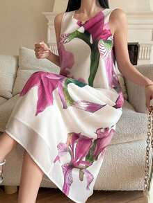 xheDAZY Vestido de verano de dama de honor con estampado floral elegante, cuello redondo y sin mangas, de largo medioxhe - Rosa - Ver 1