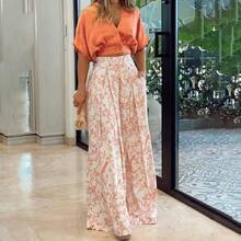 Conjunto blusa y pantalón ancho primavera, cuello V con estampado - Naranja - Ver 9