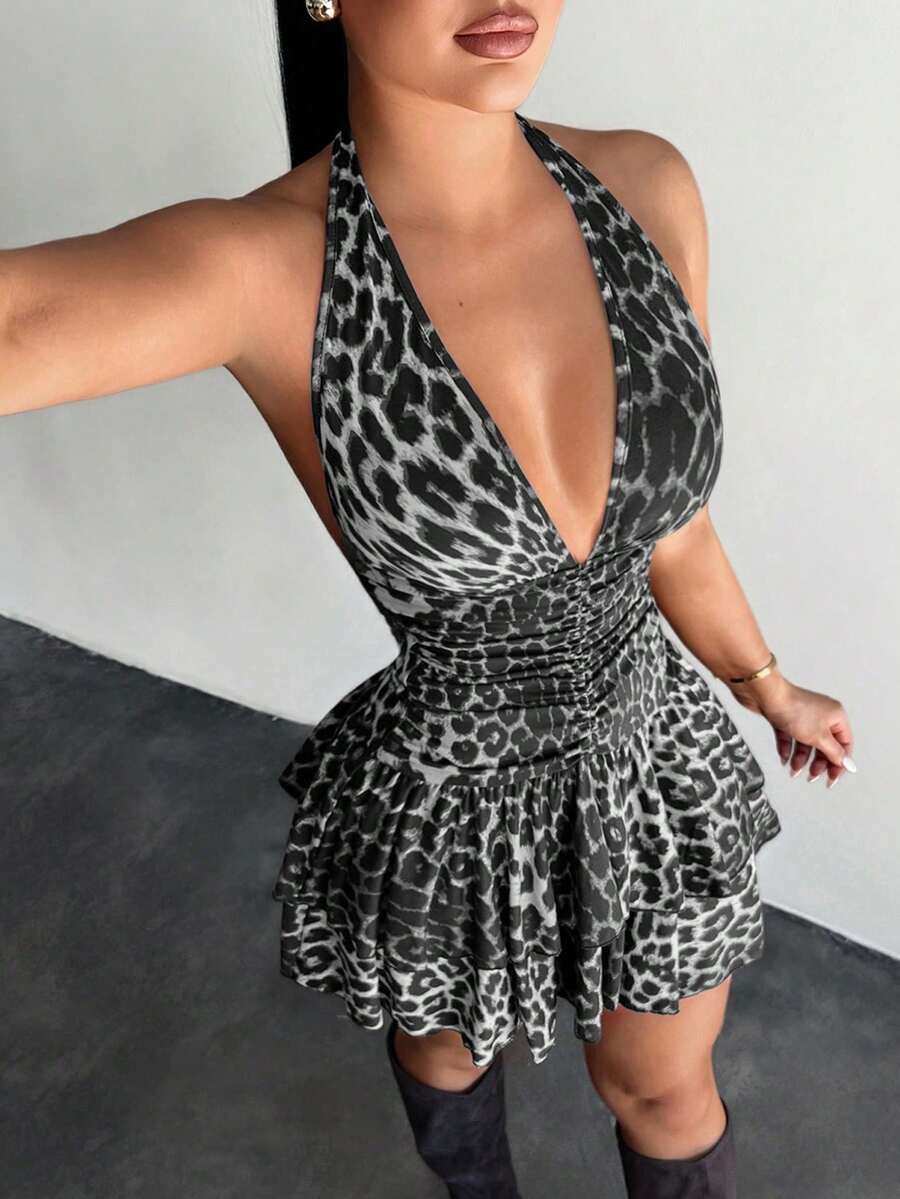 Vestido de mujer con cuello halter, estampado de leopardo y volantes en el bajo - Gris - Ver 1