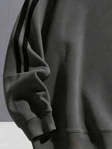 Teen Boys Spring/Autumn Minimalist Fashion Colorblock Arm Double Stripe Accent Ribbed Cuffs Hem Outdoor Casual Crew Neck Sweatshirt - Dark Grey - View 5