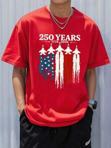250 YEARS 4th Of July Jet & American Flag Print Boys Cotton Short Sleeve T-Shirt Independence Day/Patriotic Themed - 紅色 - 查看 2