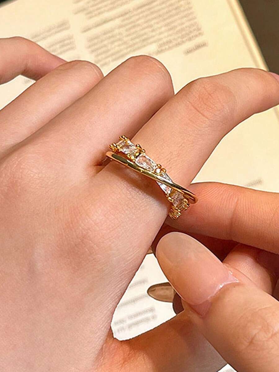1pc Vintage Geometric Line Cross Ring With Rhinestone – Open Adjustable Retro Sparkling Zirconia Band, Statement Summer Holiday Jewellery For Women - Yellow Gold - View 1