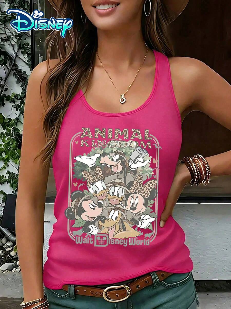Disney Official Authorization | Women's Casual Round Neck Sleeveless Vest. Themed Around The Animal Kingdom, Paired With Leopard Print Elements Of Characters Such As Mickey And Minnie, It Has A Unique And Playful Personality. It Is An Eye-Catching Item For Theme Park Dressing And An Ideal Choice For Showcasing A Vibrant Style. - Màu Hồng Tươi - Xem 1