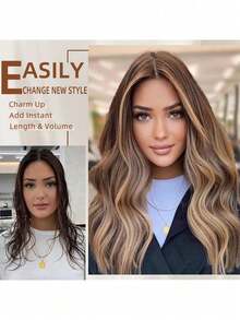 Juego de extensiones de cabello con clip para mujer - 6 piezas de extensiones de cabello largo ondulado con degradado de reflejos - Extensiones de cabello sintético suave y grueso de 22 pulgadas con clip (uso diario) - Marrón claro & Rubio - Multicolor - Ver 10