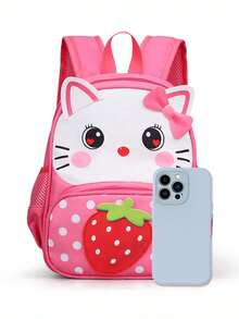 Student Backpack New Cartoon Pattern Strawberry Cat Print Backpack Small Schoolbag Lightweight Comfortable Fashionable Backpack - Hot Pink - View 2
