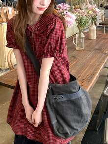 Sweet Girly Plaid Peter Pan Collar Dress Summer Women Puff Sleeve Checkered Short Layered Dress Elegant - Red - View 11
