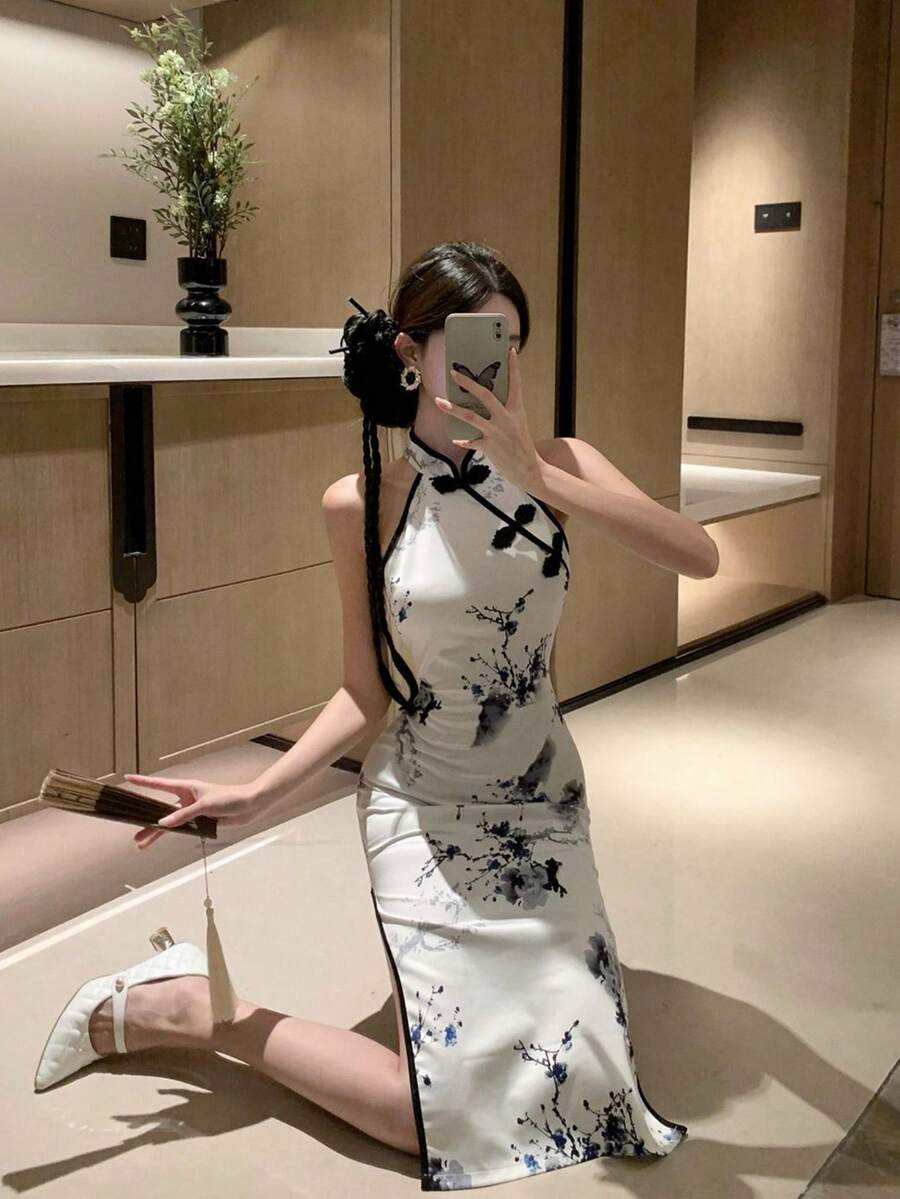 中華 ちゃいな服 chinese dress 中国風の改良された旗袍ドレス 国風で軽やかな女性向け夏用ニッチデザイン  セクシーでフィット感のある長めのドレス 漢服 スカート - AA - チェックする 1