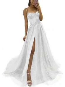 New European And American Style Spaghetti Strap Evening Dress With Side Slit, Long Elegant Party Dress - 紫色 - 查看 8
