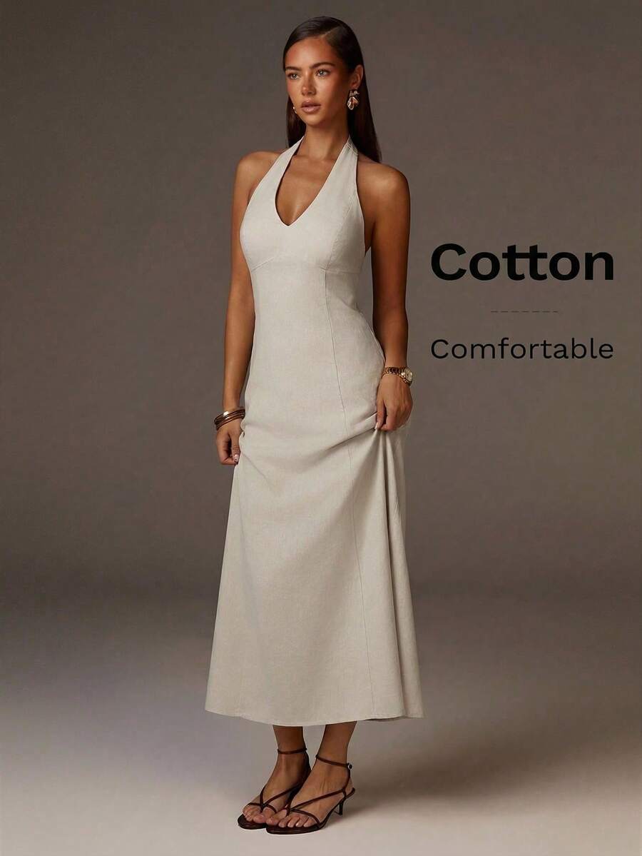 xheAthîral Vestido casual de vacaciones para mujer con cuello halter, sin mangas y hombros abiertos, de unicolor y elegante, adecuado para citas, fiestas y salidasxhe - Albaricoque - Ver 1