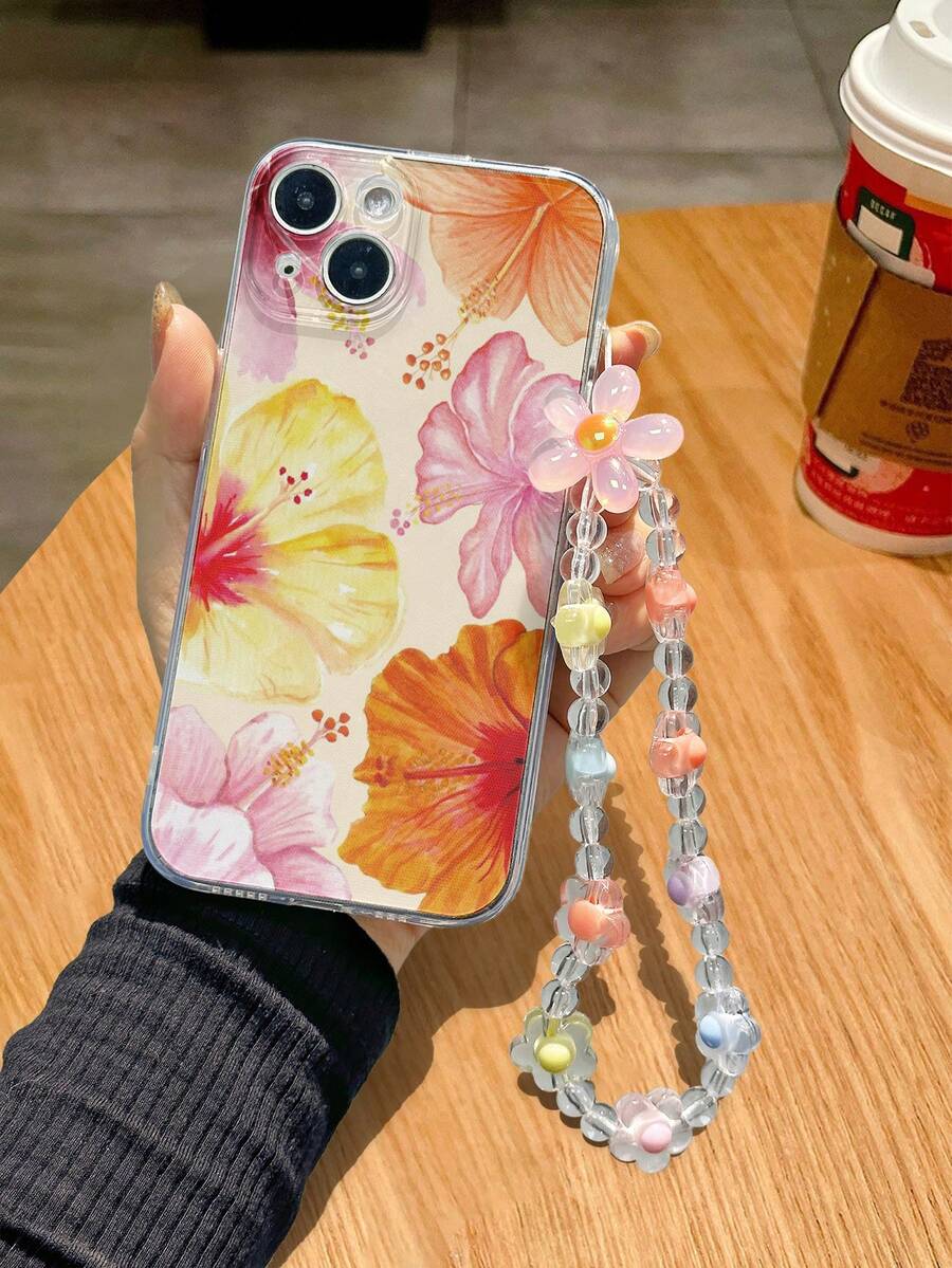 1pc Floral Bracelet Accessory, Transparent Painted Shockproof Phone Case Compatible With Iphone 14 Pro Max, 13, 11, XR, XS, Galaxy S24, A03s, A04, A12, A13, A14, A21s, A22, A23, A24, A32, A33, A34, A51, A52, A53, A54, A71, A72, A73, S20 FE, S21, S22, 9, 9A, 10A, 10C, Note 9, Note 10, Note 11, Note 12, 12, 12C - Multicolor - View 1