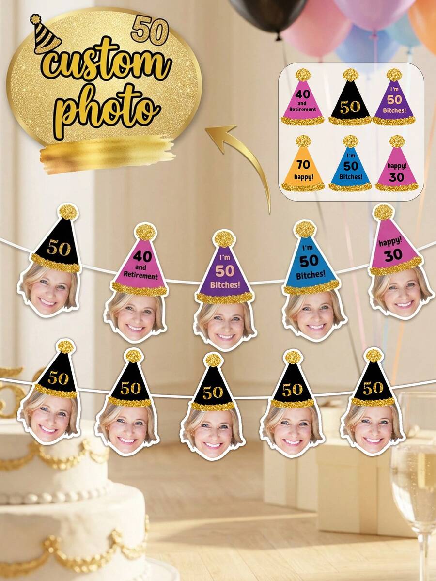 6/12/18pc Custom Face Happy Birthday Banner Pulling Flag, Personalized 20th,30th,40th,50th,60th Birthday Banner, Birthday Hat Design,Party Decor Backdrop, Perfect For Birthday Party, Family Gathering, Holiday Celebration, Photo Shooting Decor - Multicolor - View 1