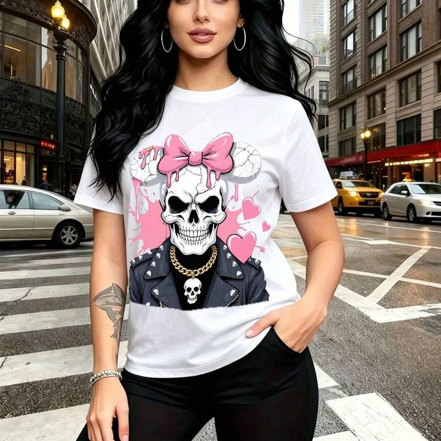 Camiseta de mujer con estampado de calavera rosa con lazo y cadenas doradas sobre fondo urbano - camiseta casual de manga corta, ajuste cómodo y moderno, estilo alternativo y urbano ideal para paseos por la ciudad, salidas con amigas o días lluviosos - Blanco - Ver 1