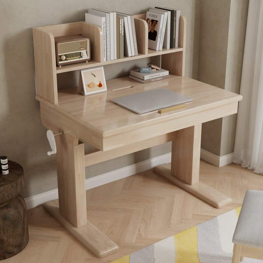 Children's Table, Height-Adjustable Solid Wood Children's Desk, Folding Tabletop From 0° To 43°, Storage Space, Certified, For Children Aged 6 Years And Over. - Wood Color - View 1