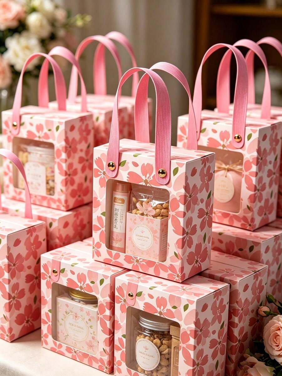 10 Elegant Pink Floral Gift Boxes With Gold Foil Accents - Transparent Window Design, Suitable For Jewelry, Souvenirs - Perfect For Weddings, Birthdays, Bridal Showers And Special Occasions, Gift Boxes - View 1