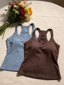 2pcs/Set Women's Summer Camisole Tops, Fitted Slim Solid Color Basic Camisole With Chest Pads - Multicolor - View 2