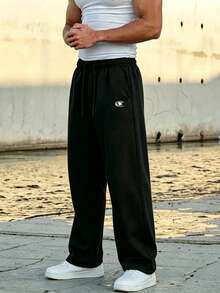 Modcrash Men's Casual Loose Straight Leg Sweatpants, High Waist Drawstring Streetwear Pants, With Printed Logo, Black, Fall/Winter - Black - View 5