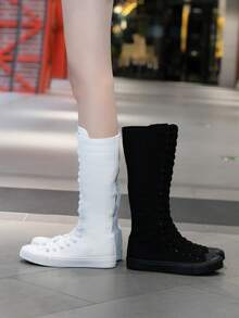 Women's Punk Style Canvas Thigh-High Flat Round Toe Lace-Up Zipper Boots, Versatile For Seasons, Suitable For Christmas, New Year, Halloween Outfits - Black - View 7
