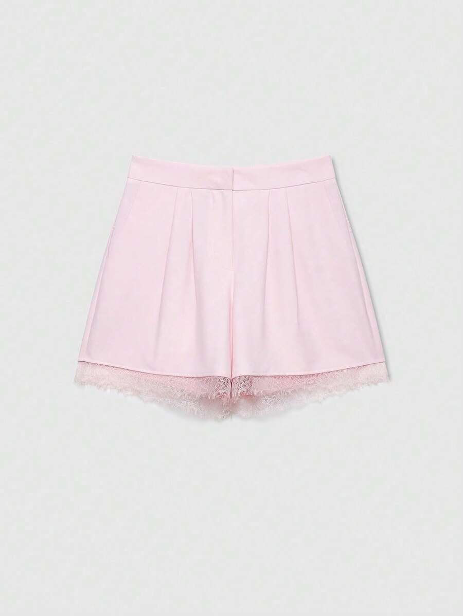 Pantalones cortos casuales de verano de unicolor con volantes de encaje para mujer, color negro - Rosa - Ver 1