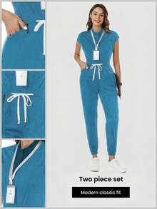 TaskEZ Uniforme de enfermera quirúrgica de mujer  TaskFit, bata de enfermera, uniforme de trabajador de salud con estampado de escarcha, mono con mangas de hombro, 4 bolsillos y cordón en la cintura - verde menta - Ver 1