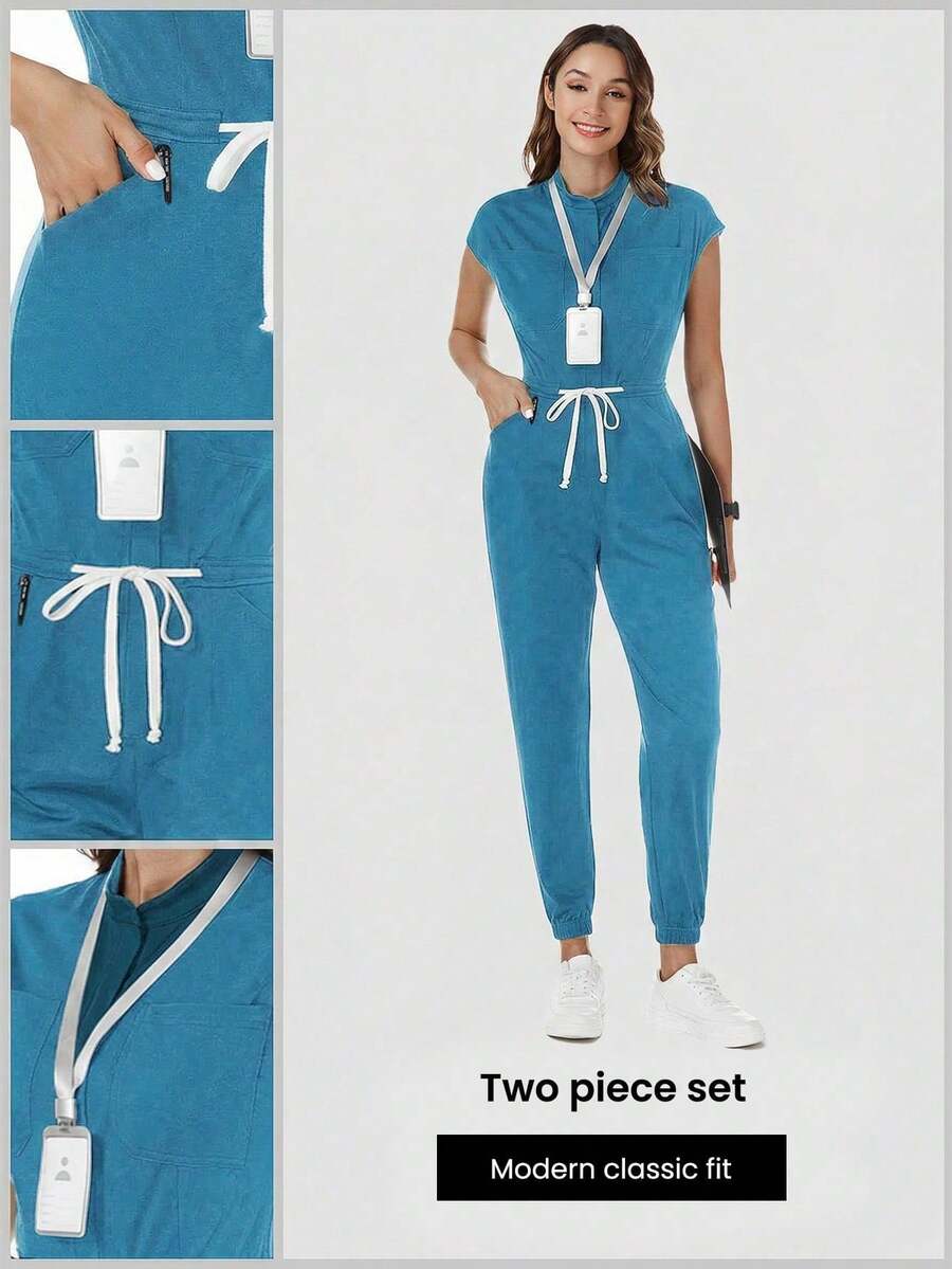 TaskEZ Uniforme de enfermera quirúrgica de mujer TaskFit, bata de enfermera, uniforme de trabajador de salud con estampado de escarcha, mono con mangas de hombro, 4 bolsillos y cordón en la cintura - verde menta - Ver 1