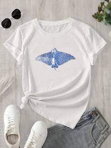 Esta blusa de manga corta y cuello redondo para mujer, con estampado de mariposas azules y blancas, es adecuada para todas las estaciones. - Blanco - Ver 1